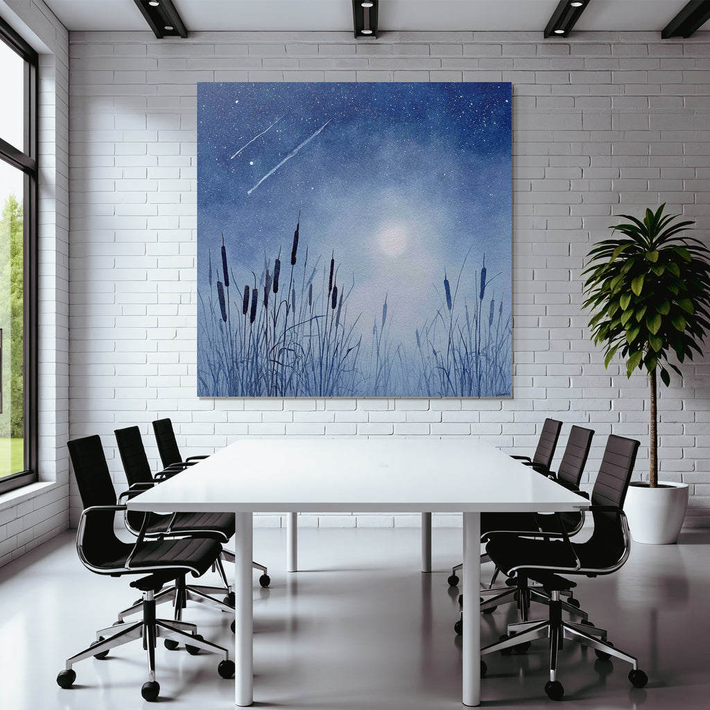 Nächtliche Landschaft Mit Gräsern Und Vollmond