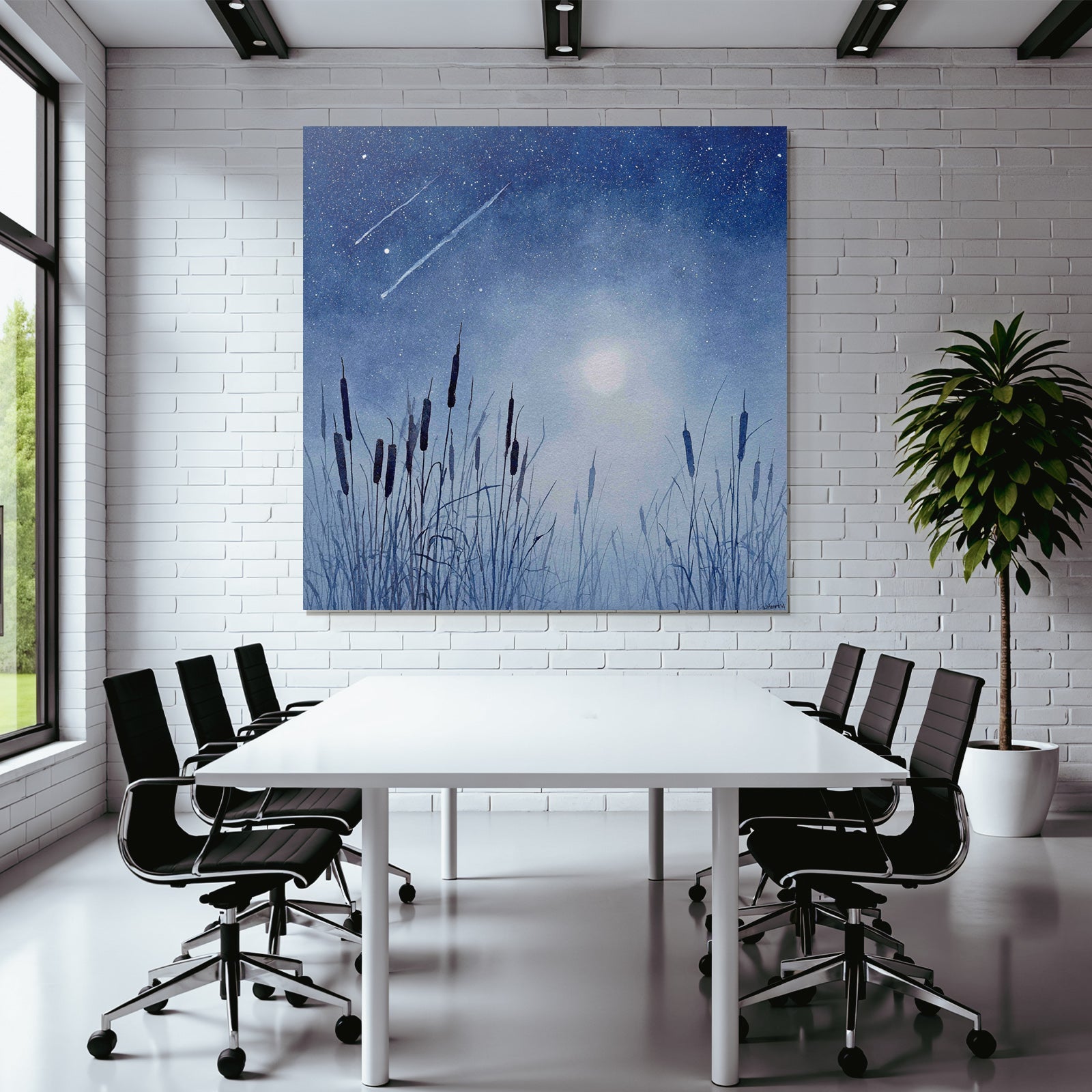 Nächtliche Landschaft Mit Gräsern Und Vollmond