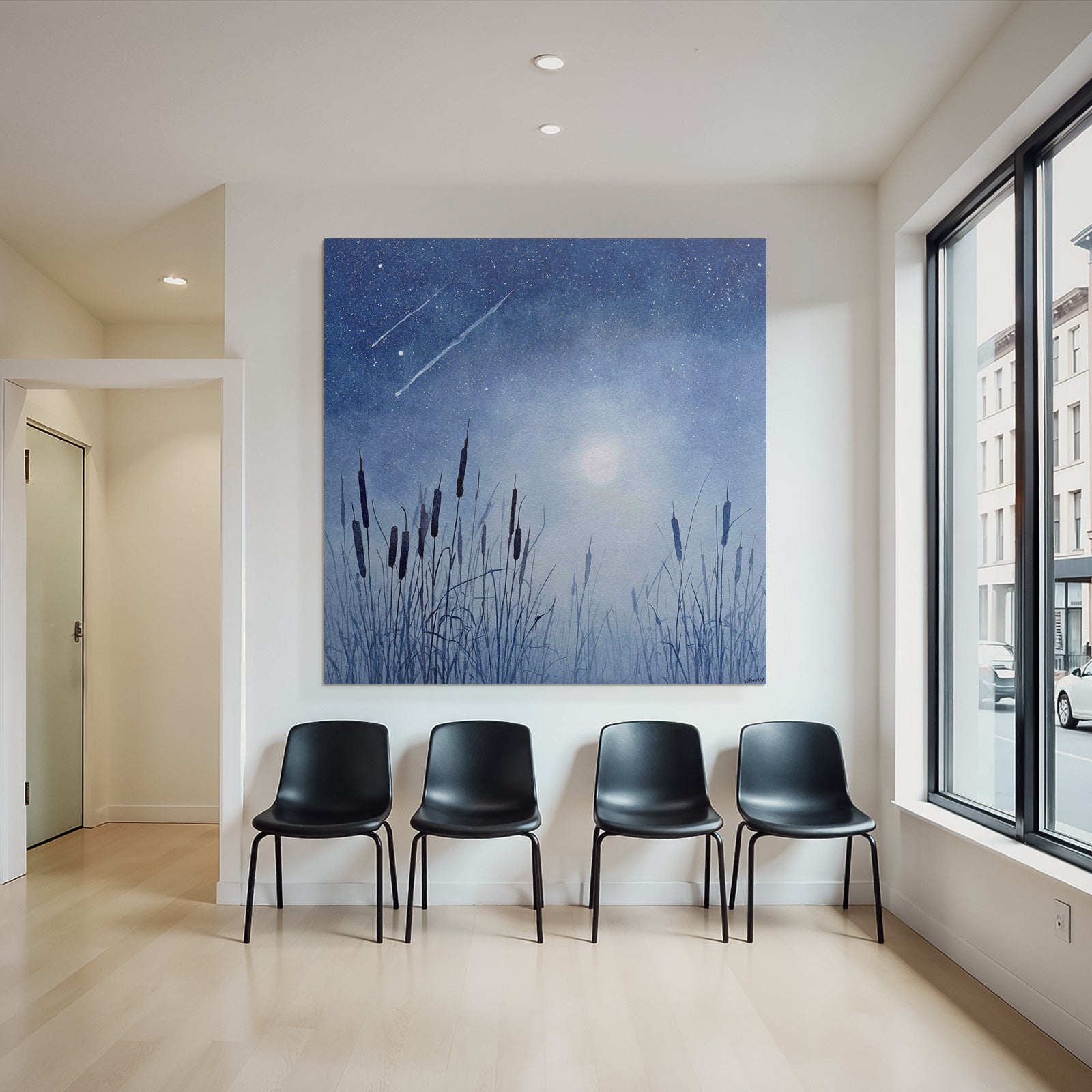 Nächtliche Landschaft Mit Gräsern Und Vollmond