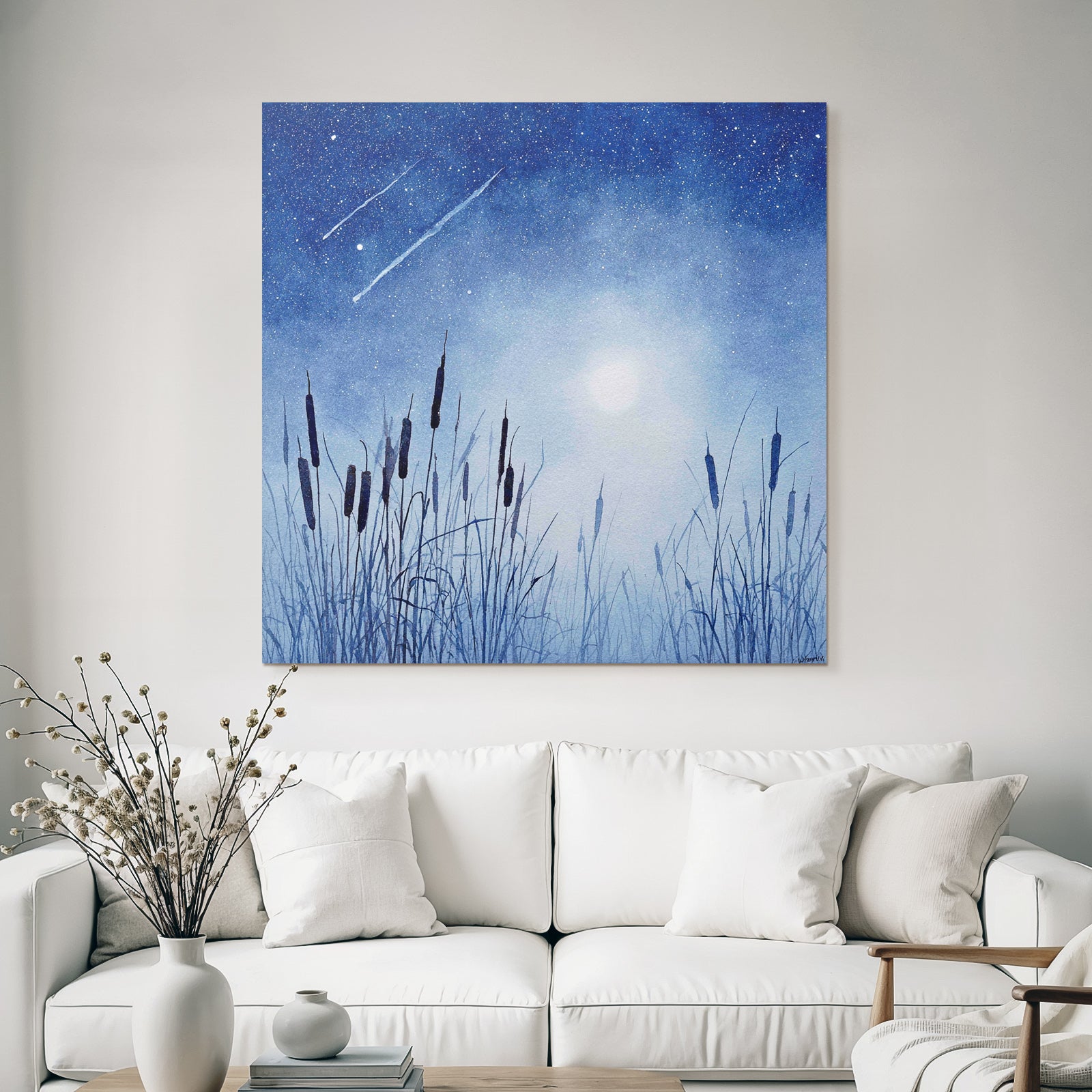 Nächtliche Landschaft Mit Gräsern Und Vollmond