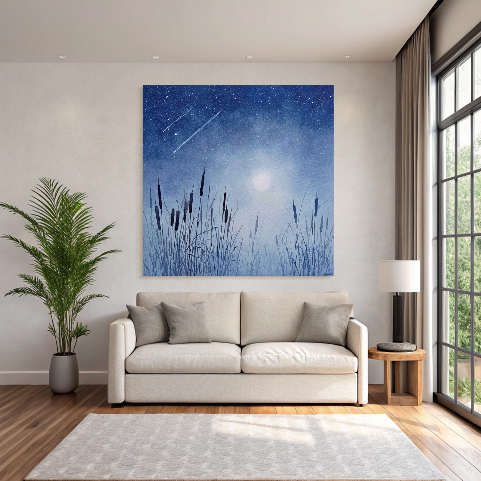 Nächtliche Landschaft Mit Gräsern Und Vollmond