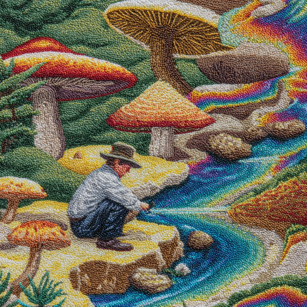 Person Hockt Am Bunten Fluss Umgeben Von Fantastischen Pilzen Und Wandteppich | Psychedelische Kunst | Stilrichtungen