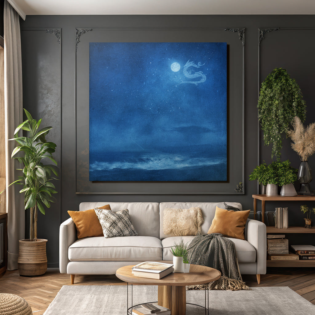 Traeumliche Nacht Mit Mond Drachenwolke Und Ozeanwellen