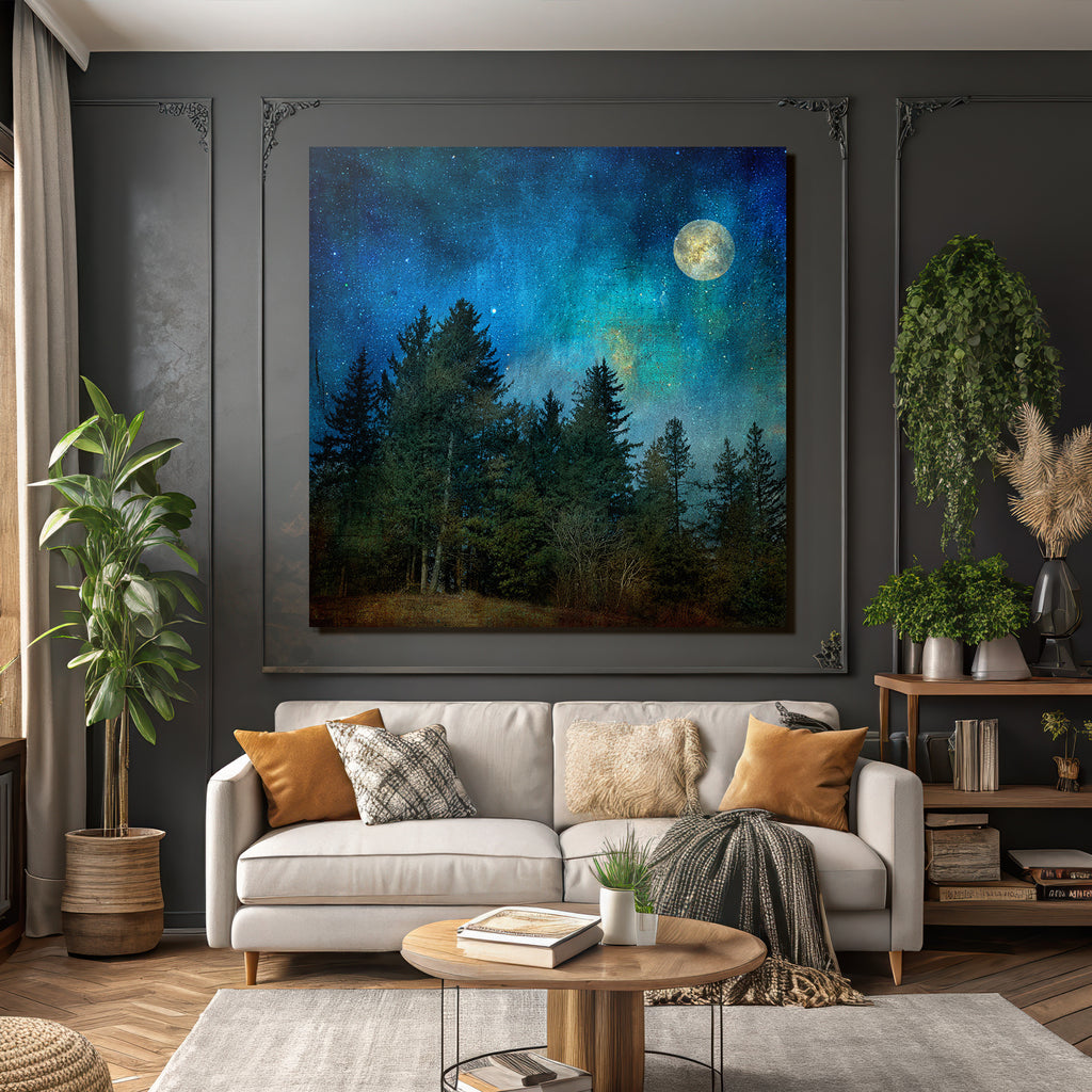 Traumhafte Nachtlandschaft Mit Vollmond Und Baumsilhoütten