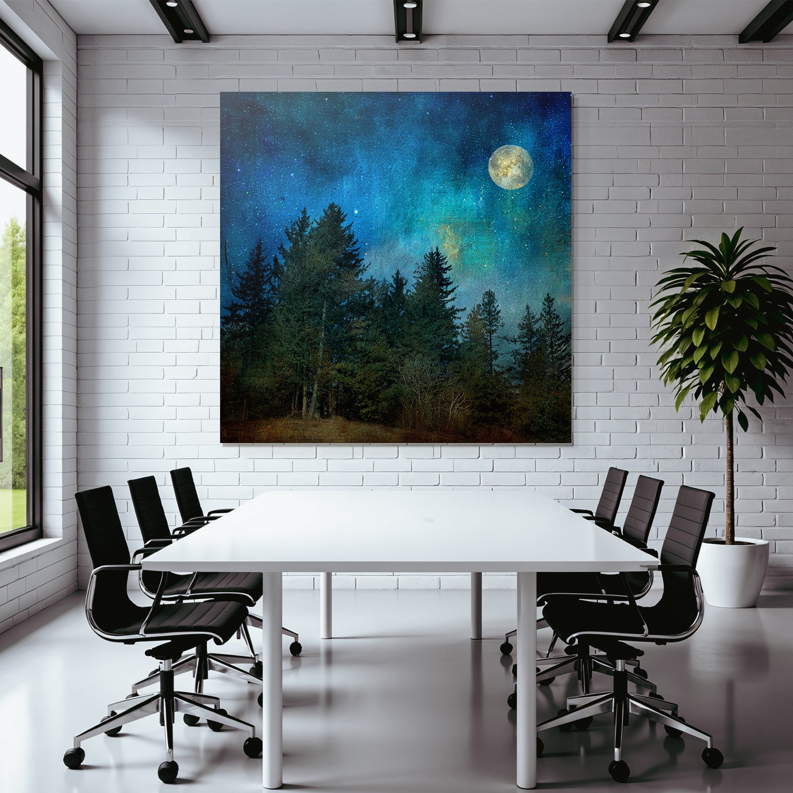 Traumhafte Nachtlandschaft Mit Vollmond Und Baumsilhoütten
