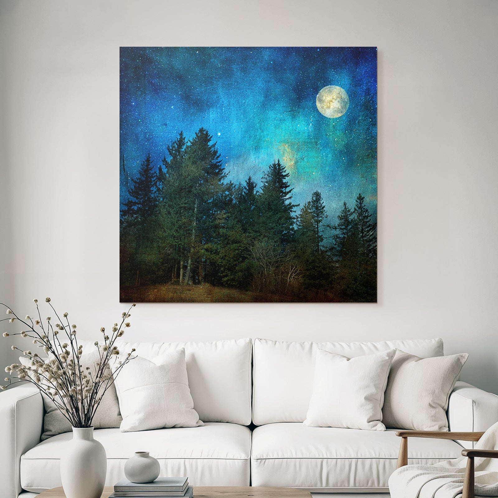 Traumhafte Nachtlandschaft Mit Vollmond Und Baumsilhoütten