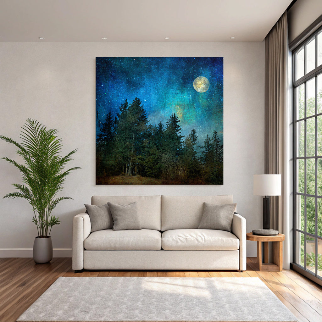 Traumhafte Nachtlandschaft Mit Vollmond Und Baumsilhoütten