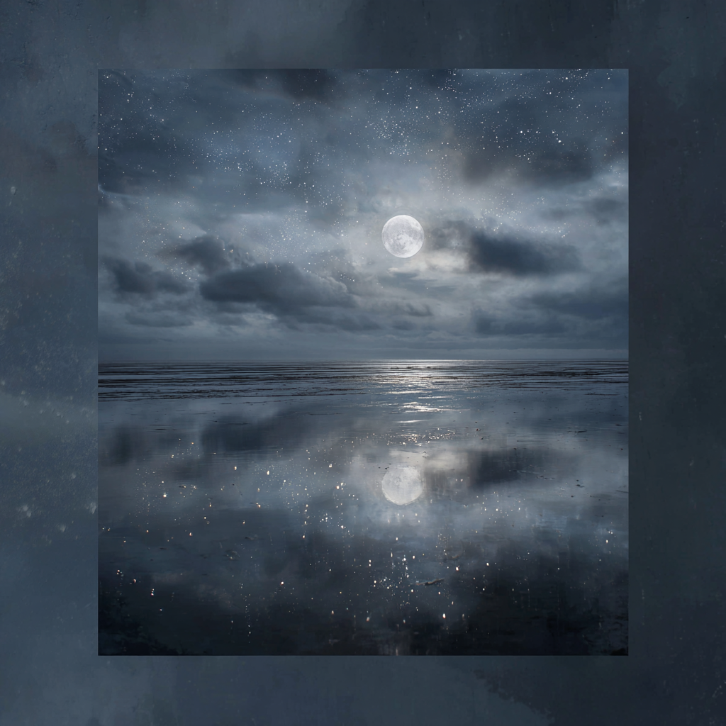 Vollmond In Wolkigem Nachthimmel Mit Spiegelung Auf Stillem Wasser | Psychedelische Kunst | Stilrichtungen
