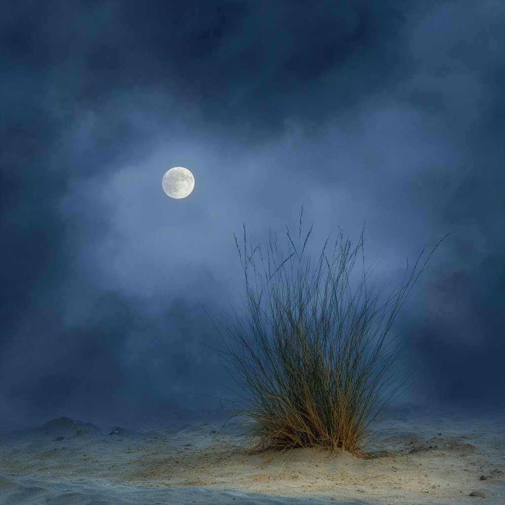 Vollmondnacht Mit Bewölktem Himmel Sandigem Boden Und Gras | Psychedelische Kunst | Stilrichtungen