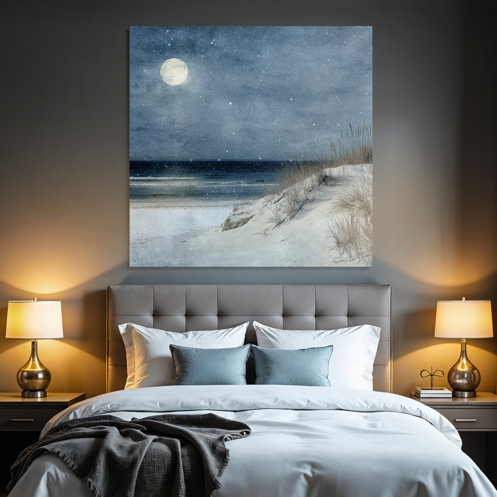 Winterlicher Strand Am Meer Bei Mondschein Und Sanfter Schneefall