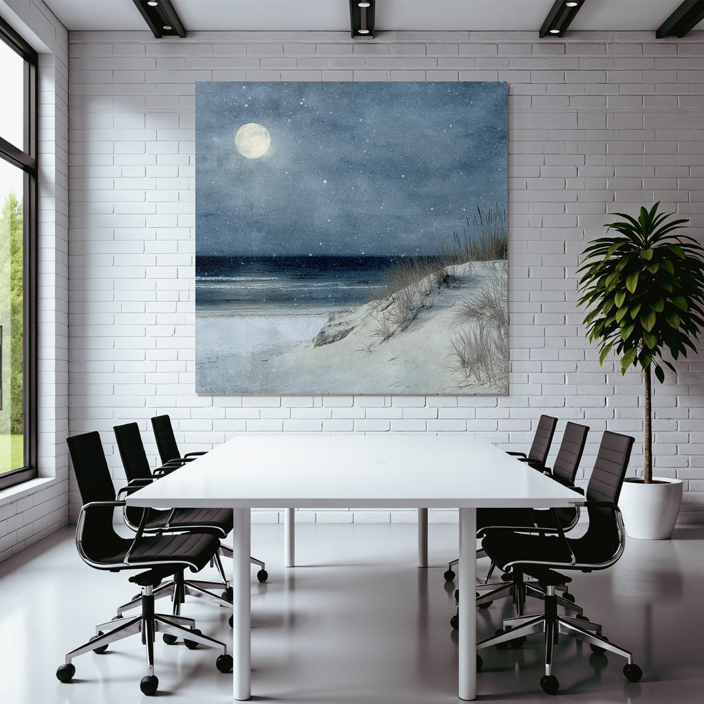 Winterlicher Strand Am Meer Bei Mondschein Und Sanfter Schneefall