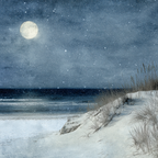 Winterlicher Strand Am Meer Bei Mondschein Und Sanfter Schneefall | Psychedelische Kunst | Stilrichtungen