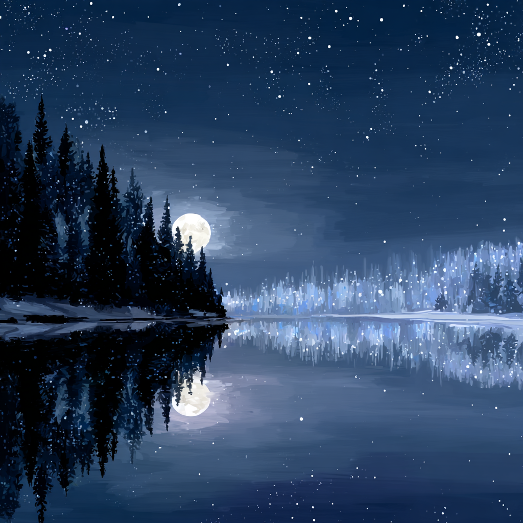 Winternacht Im Mondschein Am Vereisten See | Psychedelische Kunst | Stilrichtungen