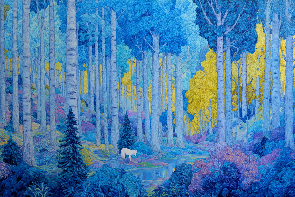Bunter Traeumwald Mit Weissfuchs Am Wasser | Psychedelische Kunst | Stilrichtungen