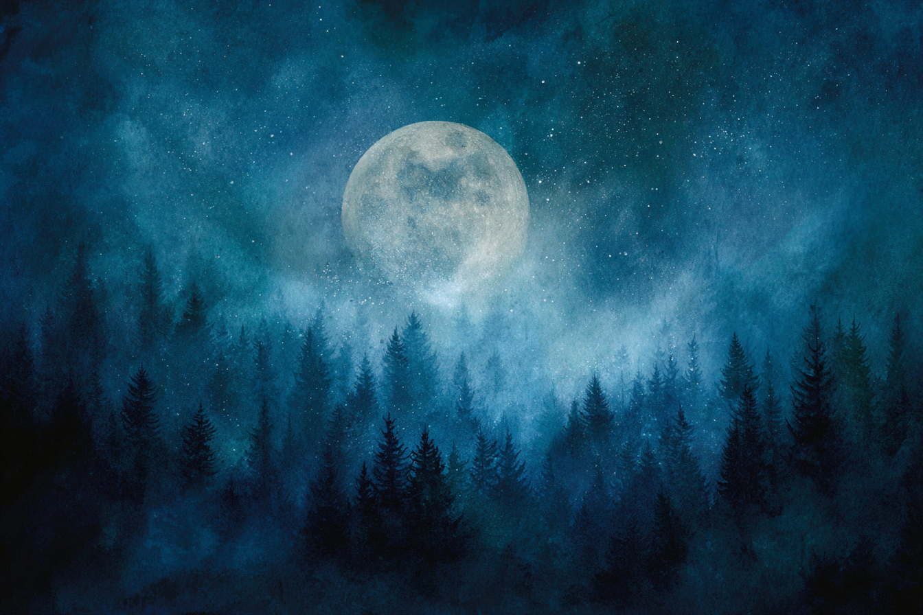 Einsame Nacht Mit Vollmond Und Kiefern | Psychedelische Kunst | Stilrichtungen