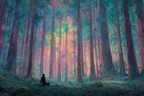 Einsame Person Sitzt Im Mystischen Waldlicht | Psychedelische Kunst | Stilrichtungen