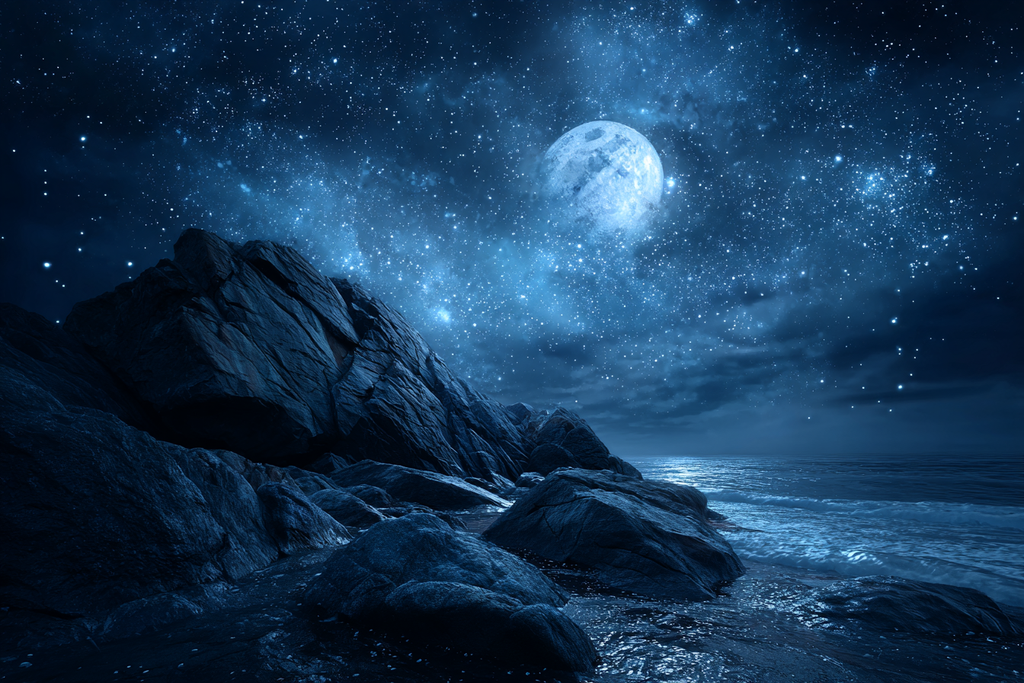 Felskuste Unter Sternenhimmel Bei Vollmond | Psychedelische Kunst | Stilrichtungen