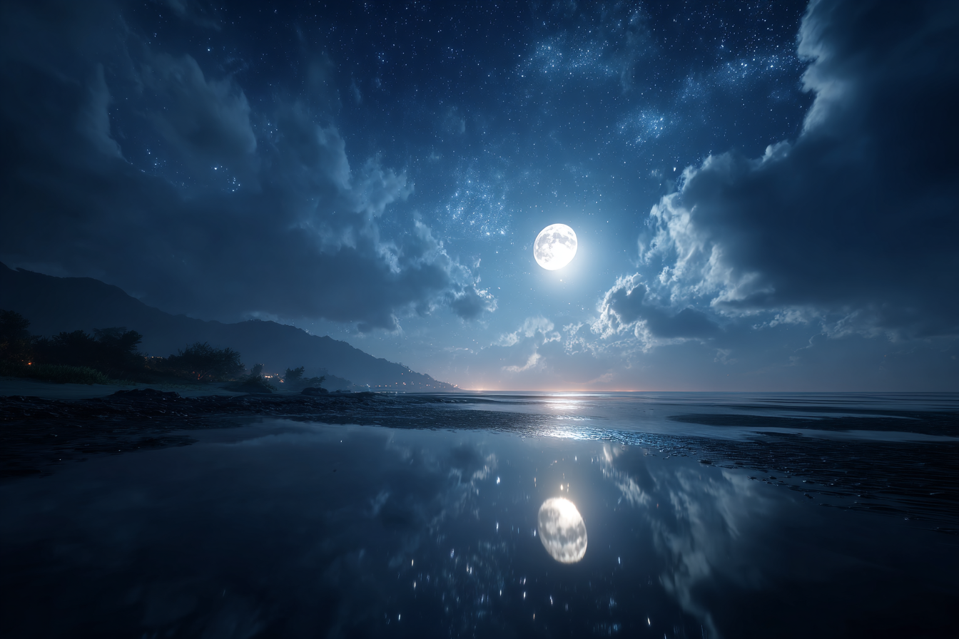 Friedliche Nacht Am Meer Mit Mondreflexion | Psychedelische Kunst | Stilrichtungen