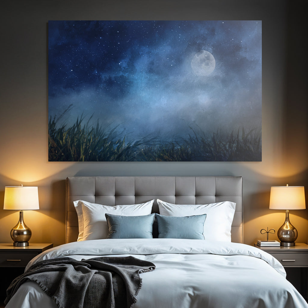 Friedliche Nachtlandschaft Mit Mond Sternen Nebligem Wasserufer