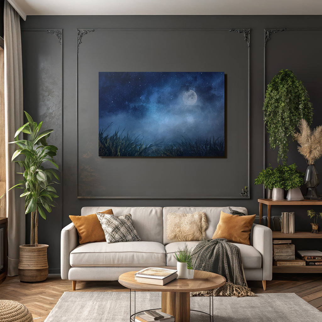 Friedliche Nachtlandschaft Mit Mond Sternen Nebligem Wasserufer