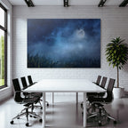 Friedliche Nachtlandschaft Mit Mond Sternen Nebligem Wasserufer