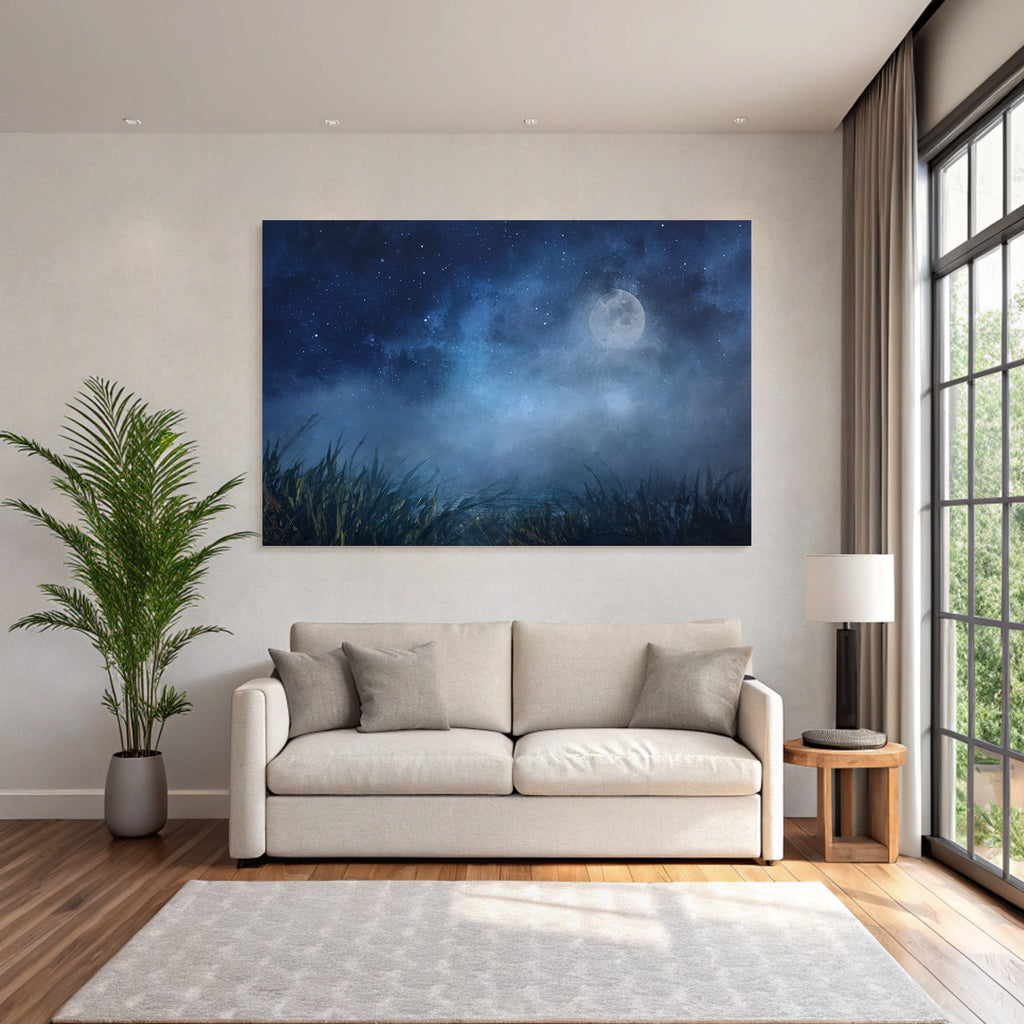 Friedliche Nachtlandschaft Mit Mond Sternen Nebligem Wasserufer