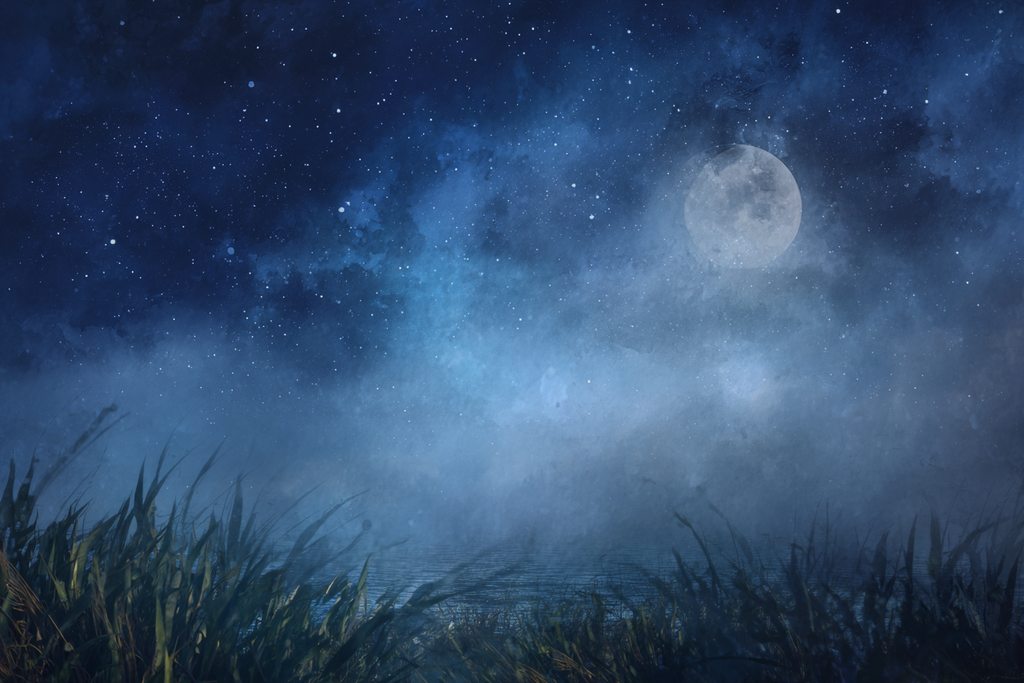 Friedliche Nachtlandschaft Mit Mond Sternen Nebligem Wasserufer | Psychedelische Kunst | Stilrichtungen