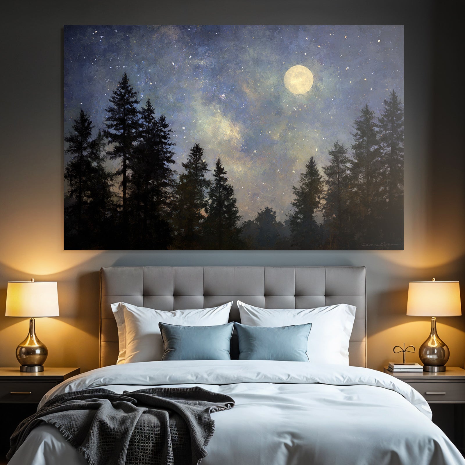 Friedliche Nachtlandschaft Mit Mond Und Sternenhimmel