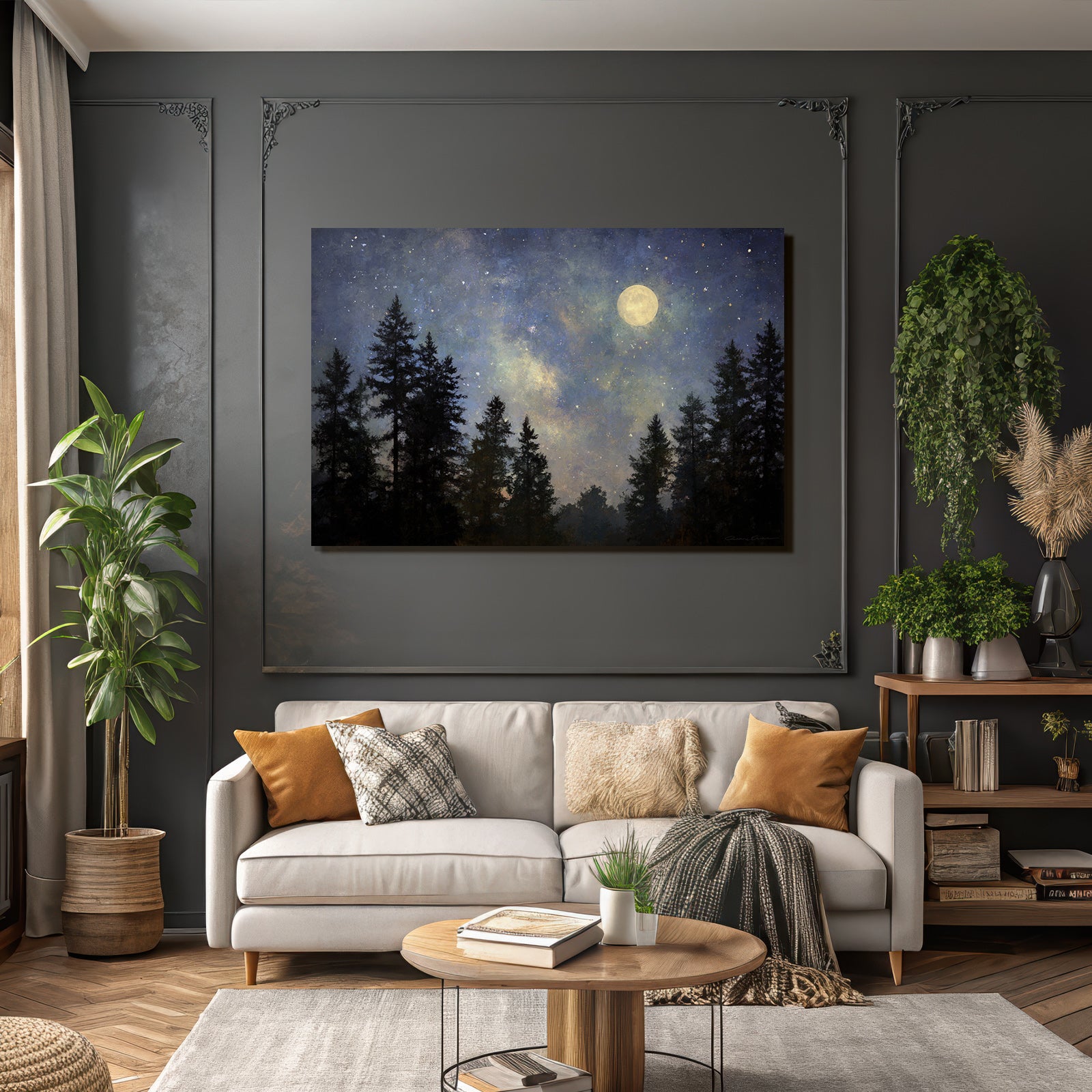 Friedliche Nachtlandschaft Mit Mond Und Sternenhimmel