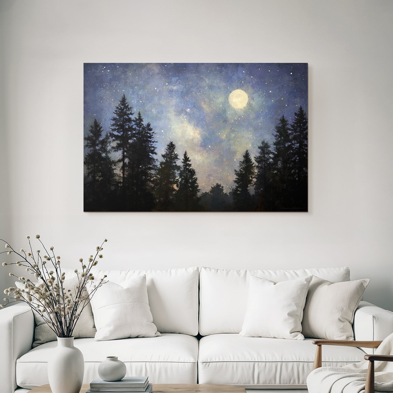 Friedliche Nachtlandschaft Mit Mond Und Sternenhimmel