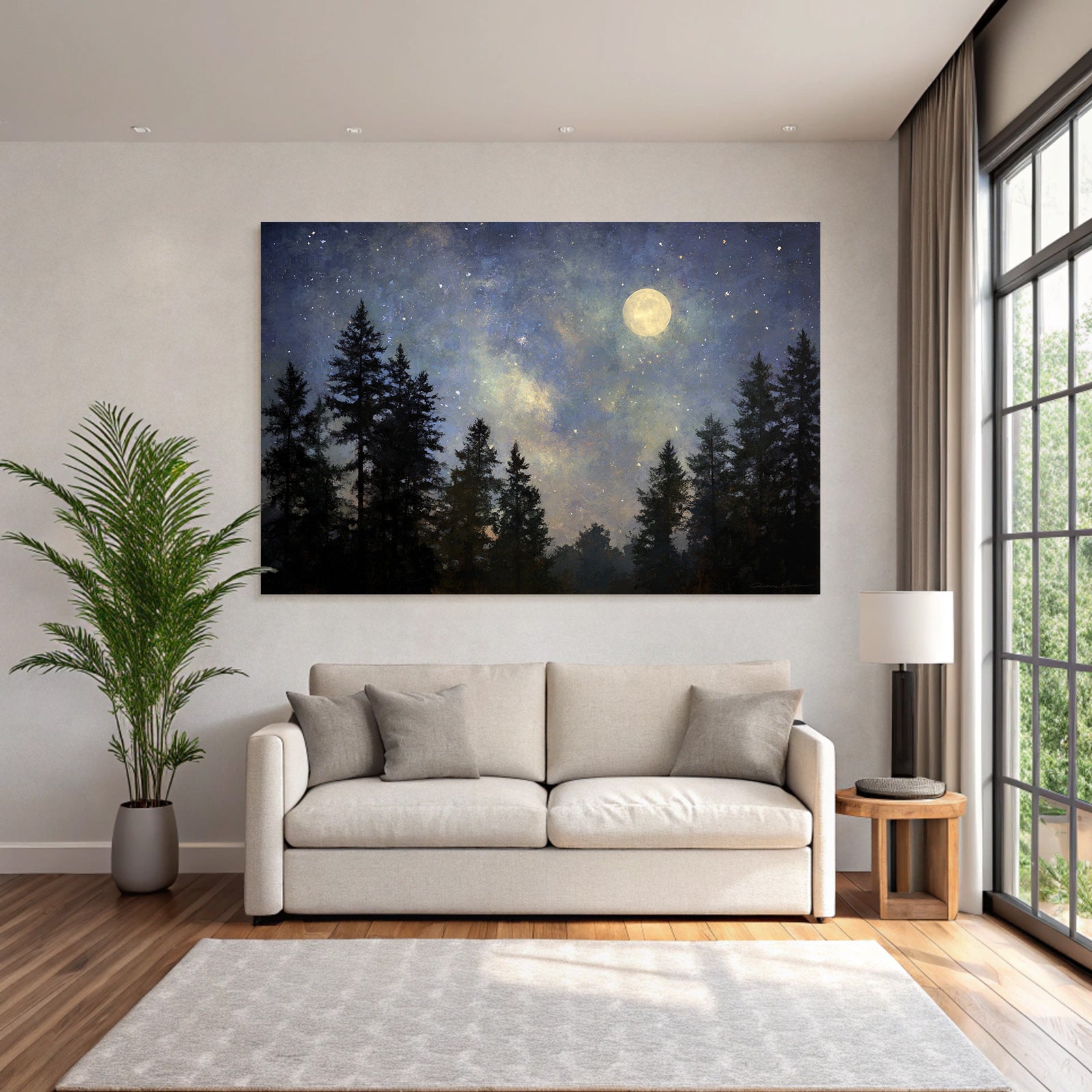 Friedliche Nachtlandschaft Mit Mond Und Sternenhimmel