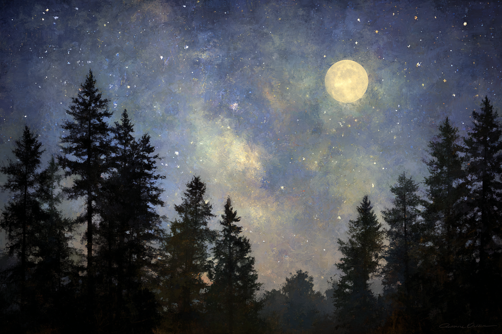 Friedliche Nachtlandschaft Mit Mond Und Sternenhimmel | Psychedelische Kunst | Stilrichtungen