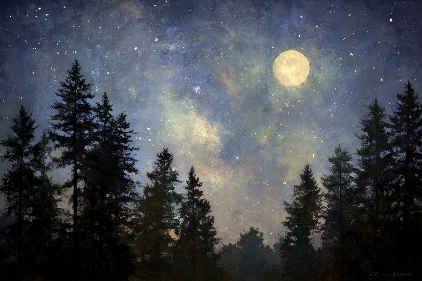 Friedliche Nachtlandschaft Mit Mond Und Sternenhimmel | Psychedelische Kunst | Stilrichtungen