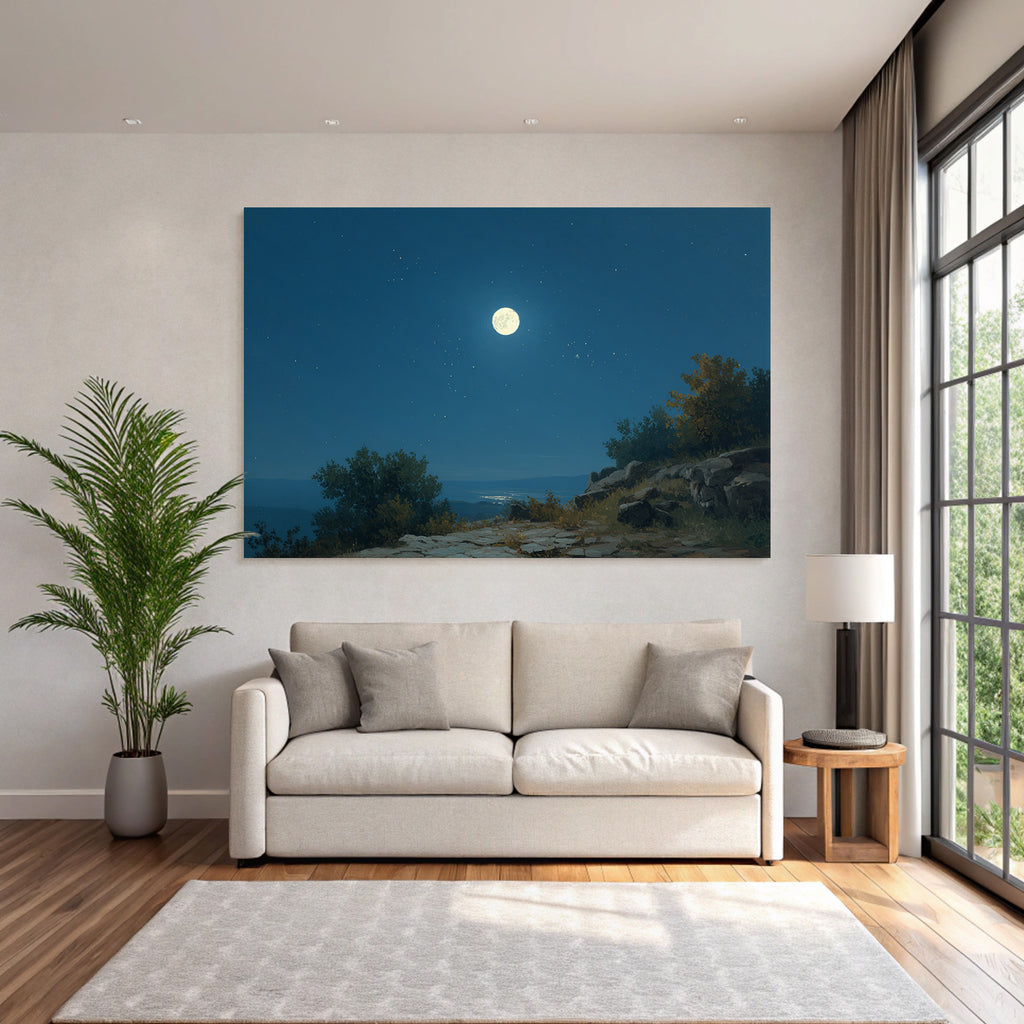 Friedliche Nachtlandschaft Mit Vollmond Und Sternen