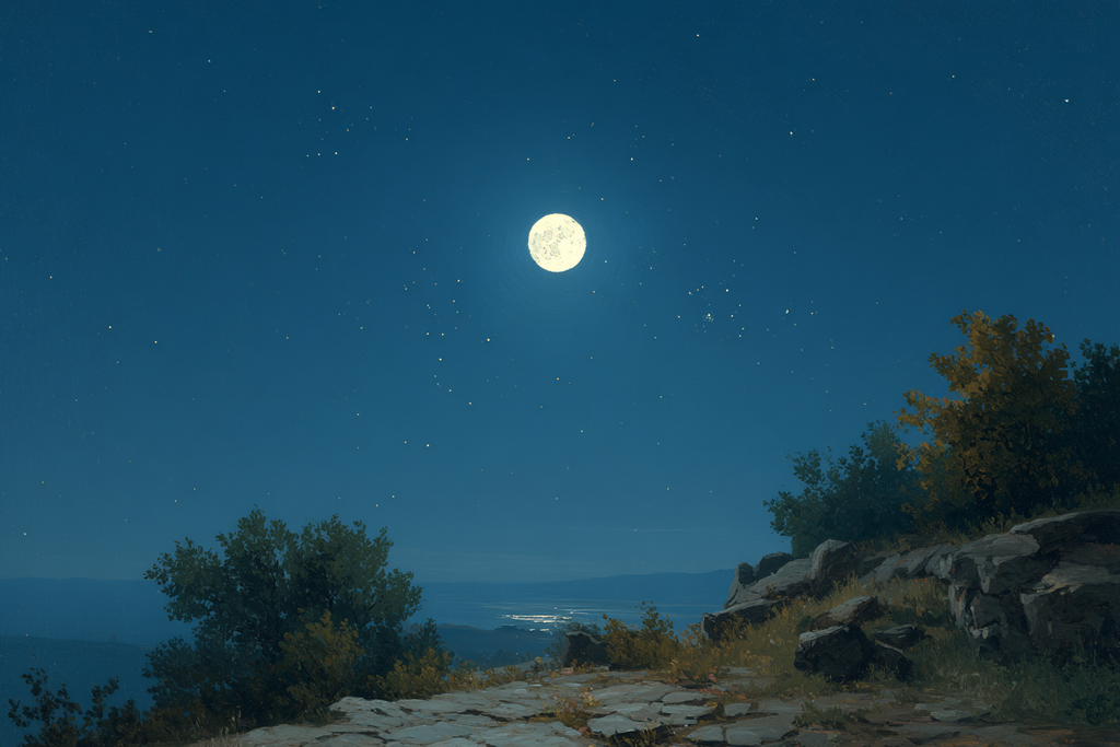 Friedliche Nachtlandschaft Mit Vollmond Und Sternen | Psychedelische Kunst | Stilrichtungen