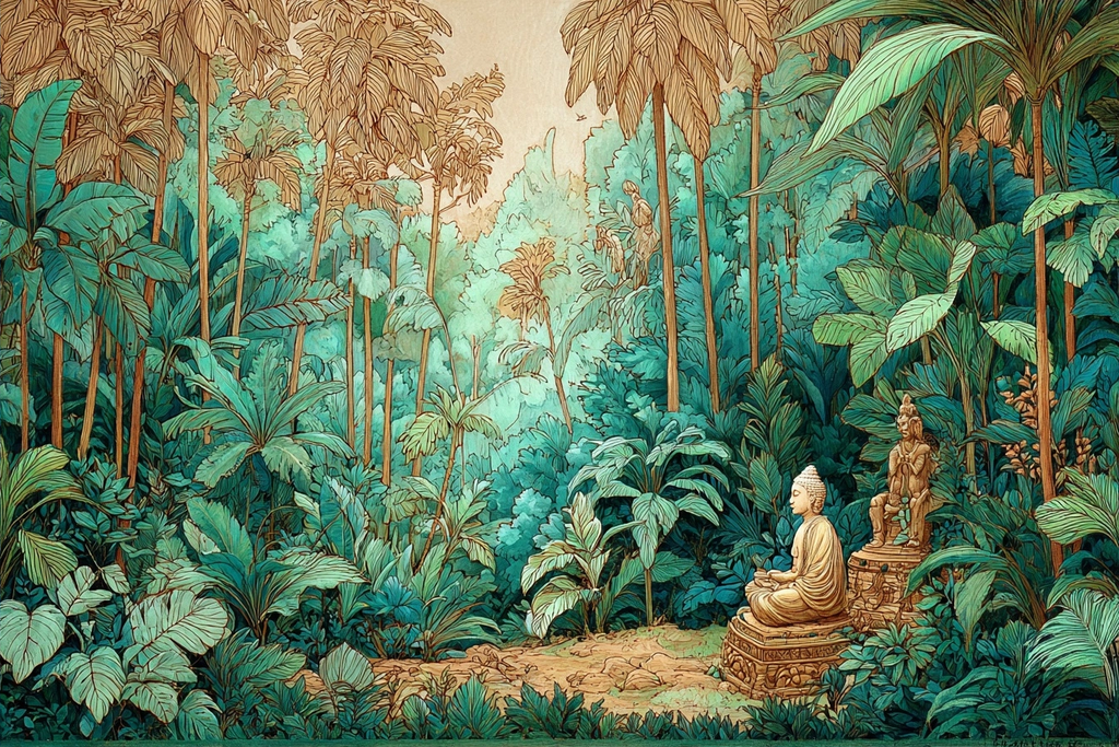 Friedlicher Dschungel Mit Buddha Statue | Psychedelische Kunst | Stilrichtungen