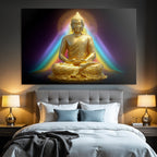 Goldene Buddha Figur In Meditation Mit Bunten Lichtern