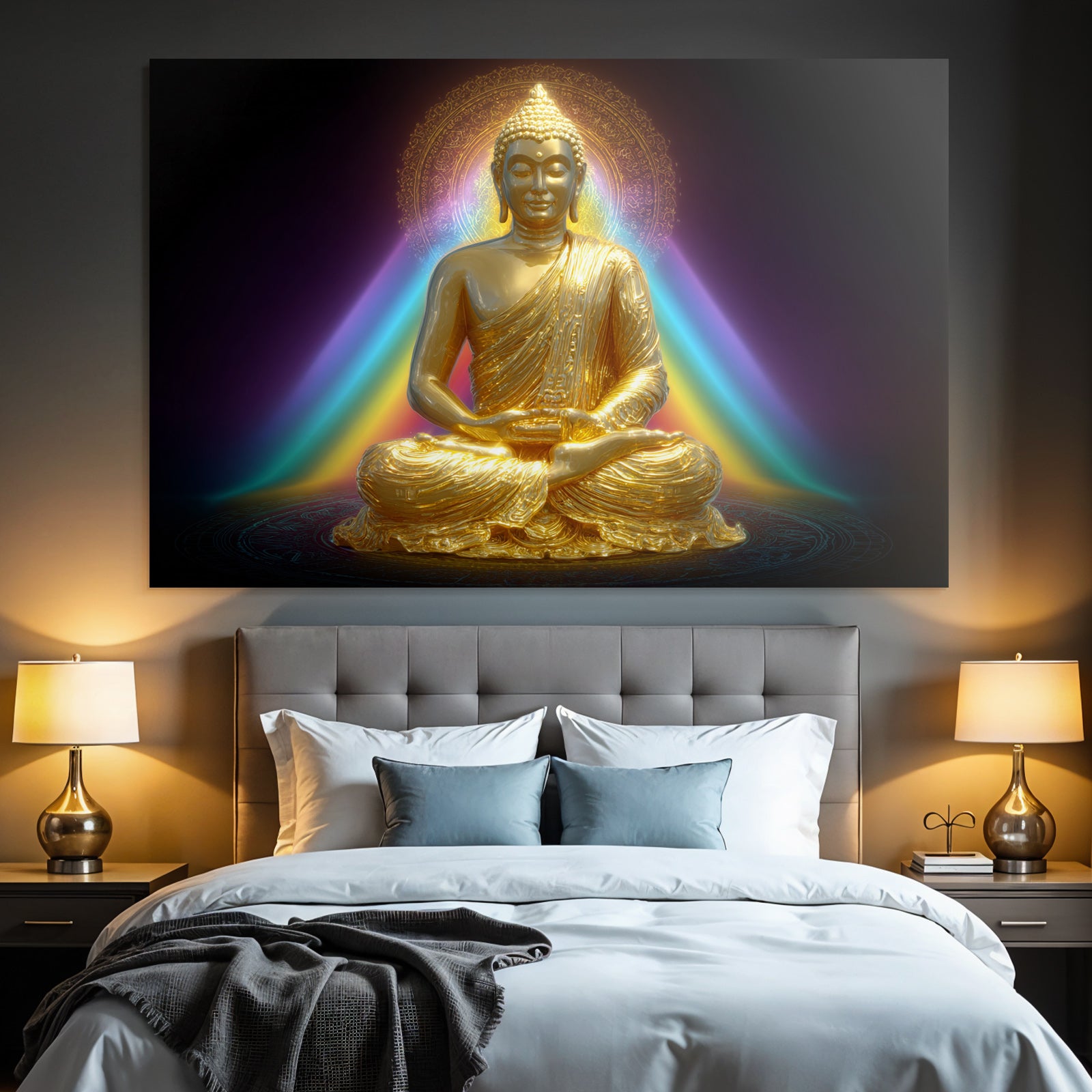 Goldene Buddha Figur In Meditation Mit Bunten Lichtern