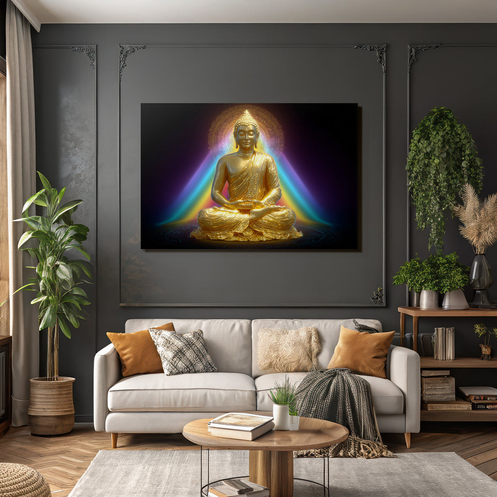 Goldene Buddha Figur In Meditation Mit Bunten Lichtern