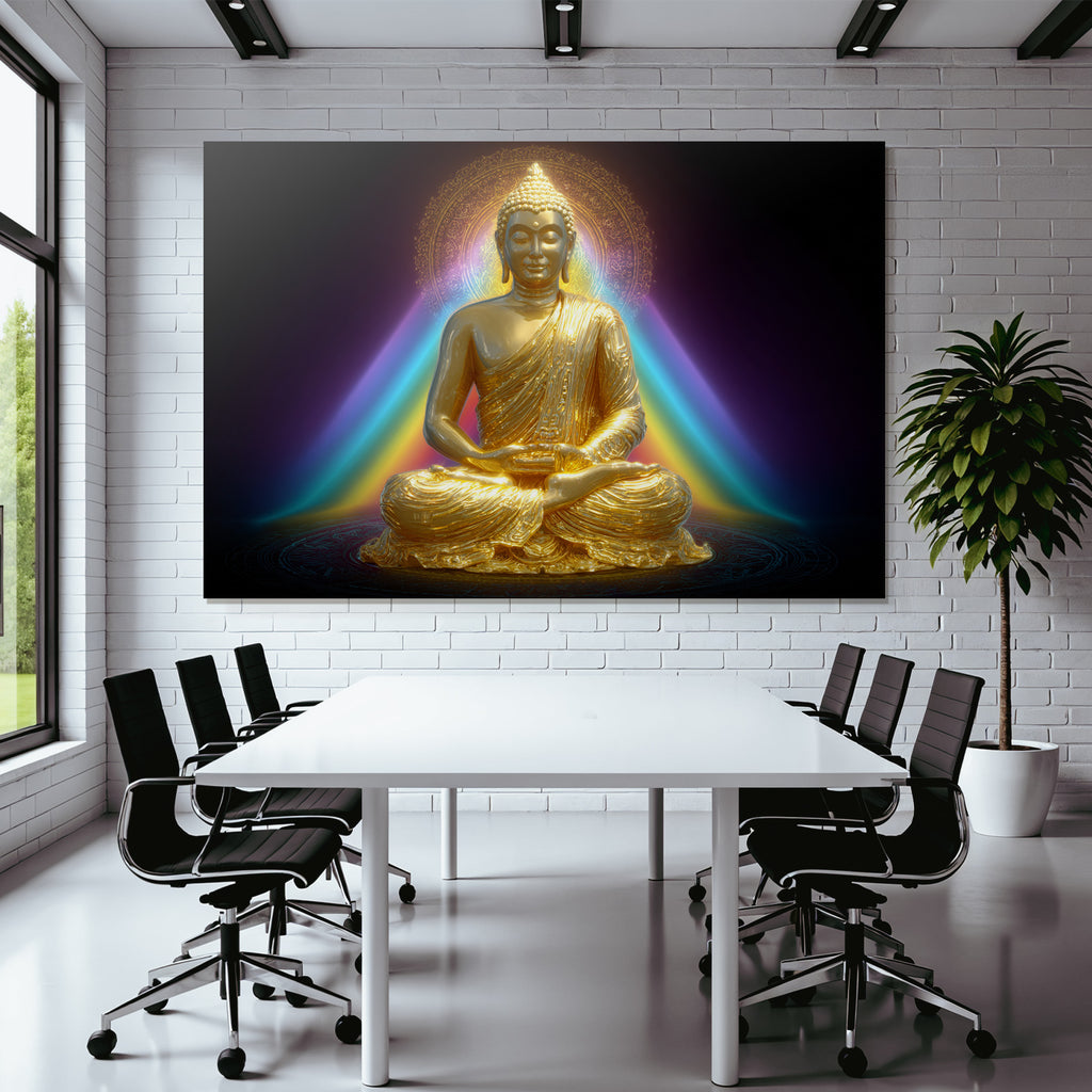 Goldene Buddha Figur In Meditation Mit Bunten Lichtern