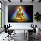 Goldene Buddha Figur In Meditation Mit Bunten Lichtern