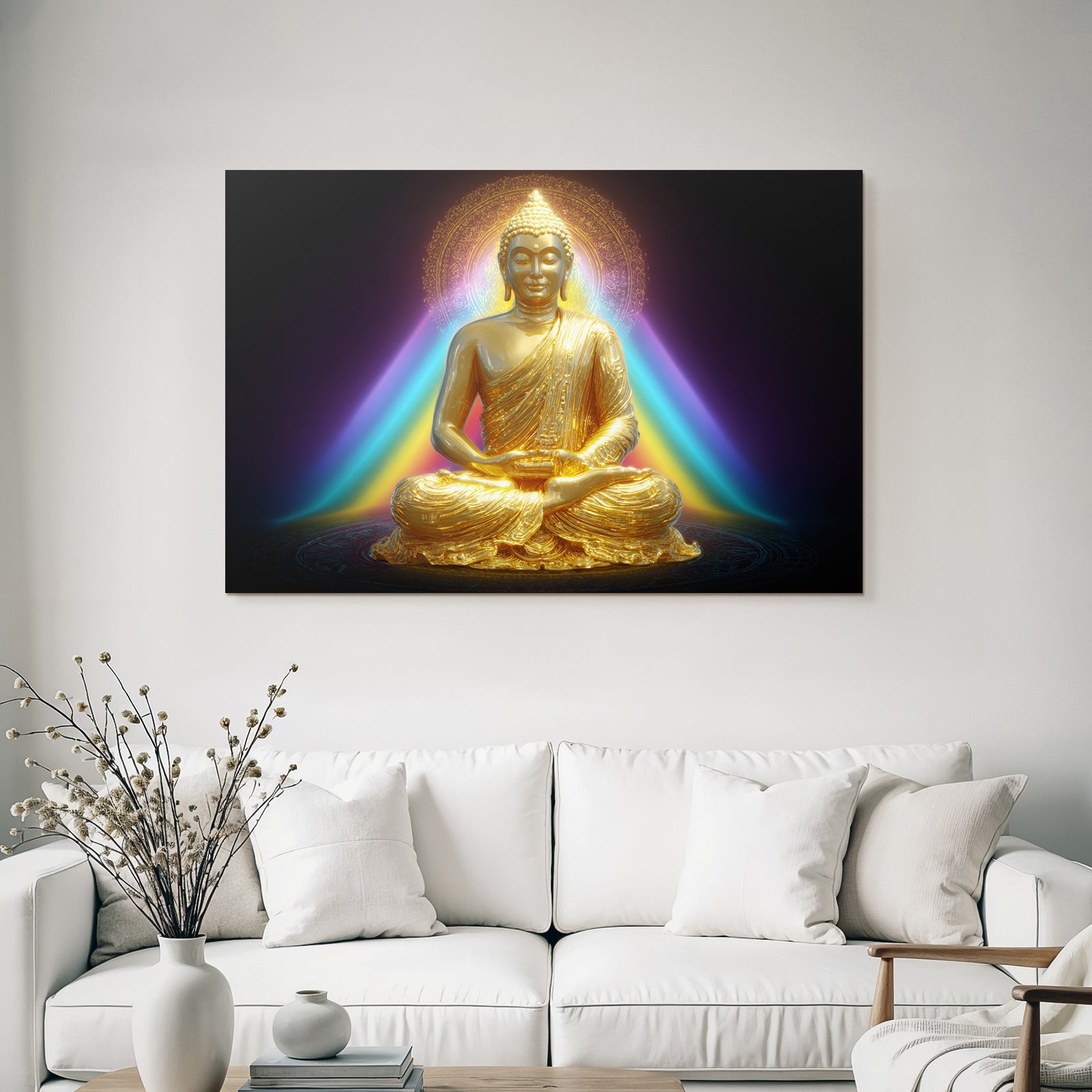 Goldene Buddha Figur In Meditation Mit Bunten Lichtern