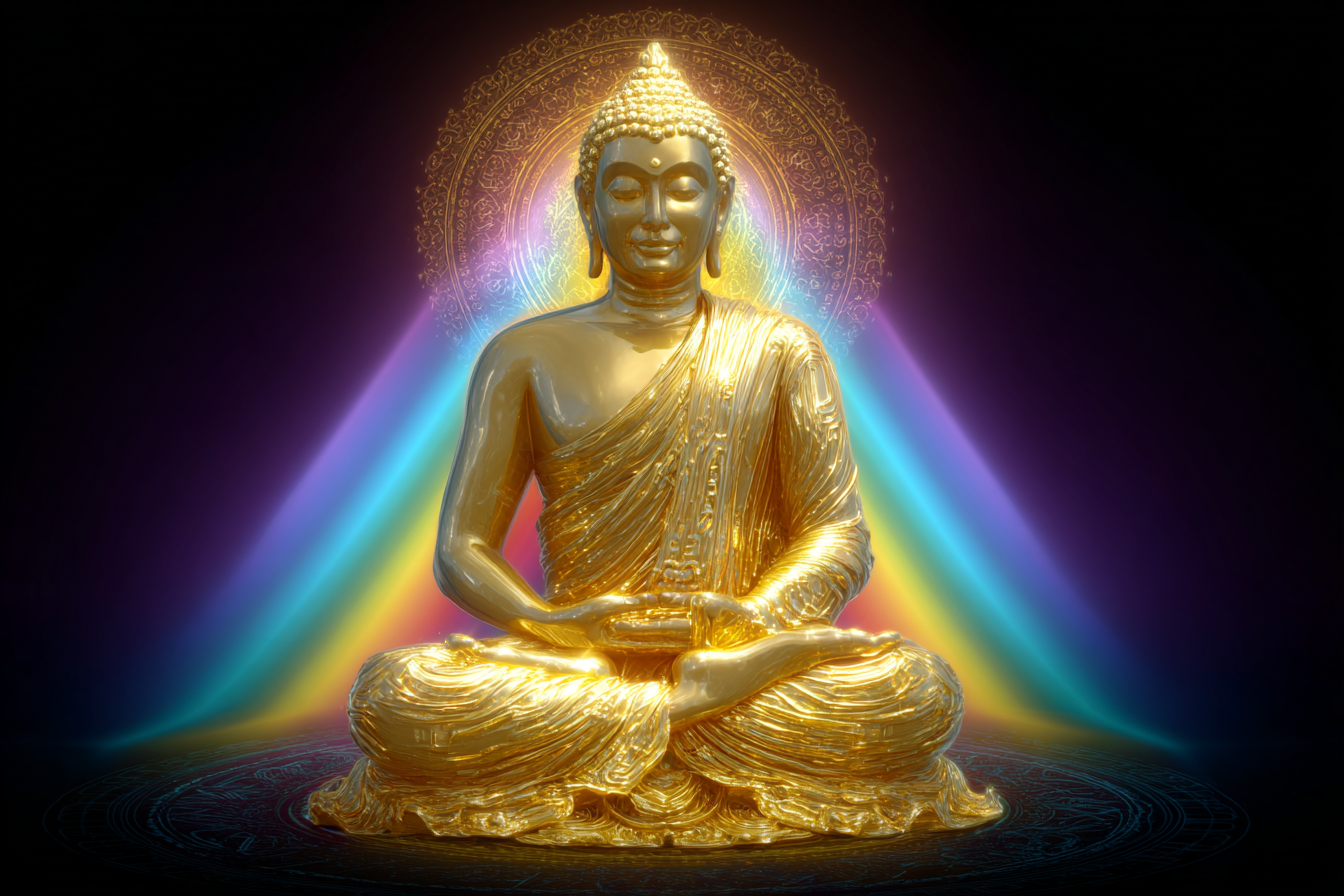 Goldene Buddha Figur In Meditation Mit Bunten Lichtern | Psychedelische Kunst | Stilrichtungen