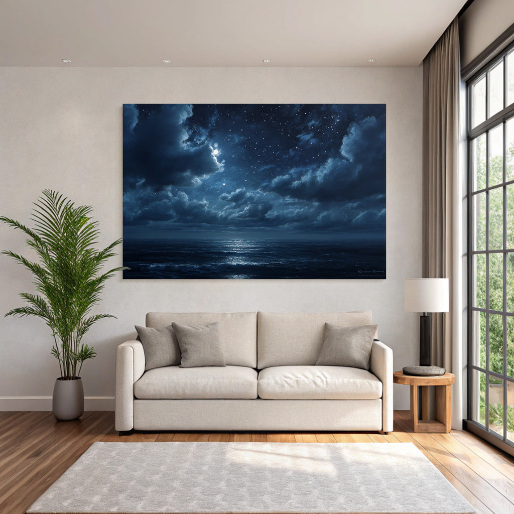 Mondbeleuchteter Sternenhimmel Und Spiegelnder Ozean