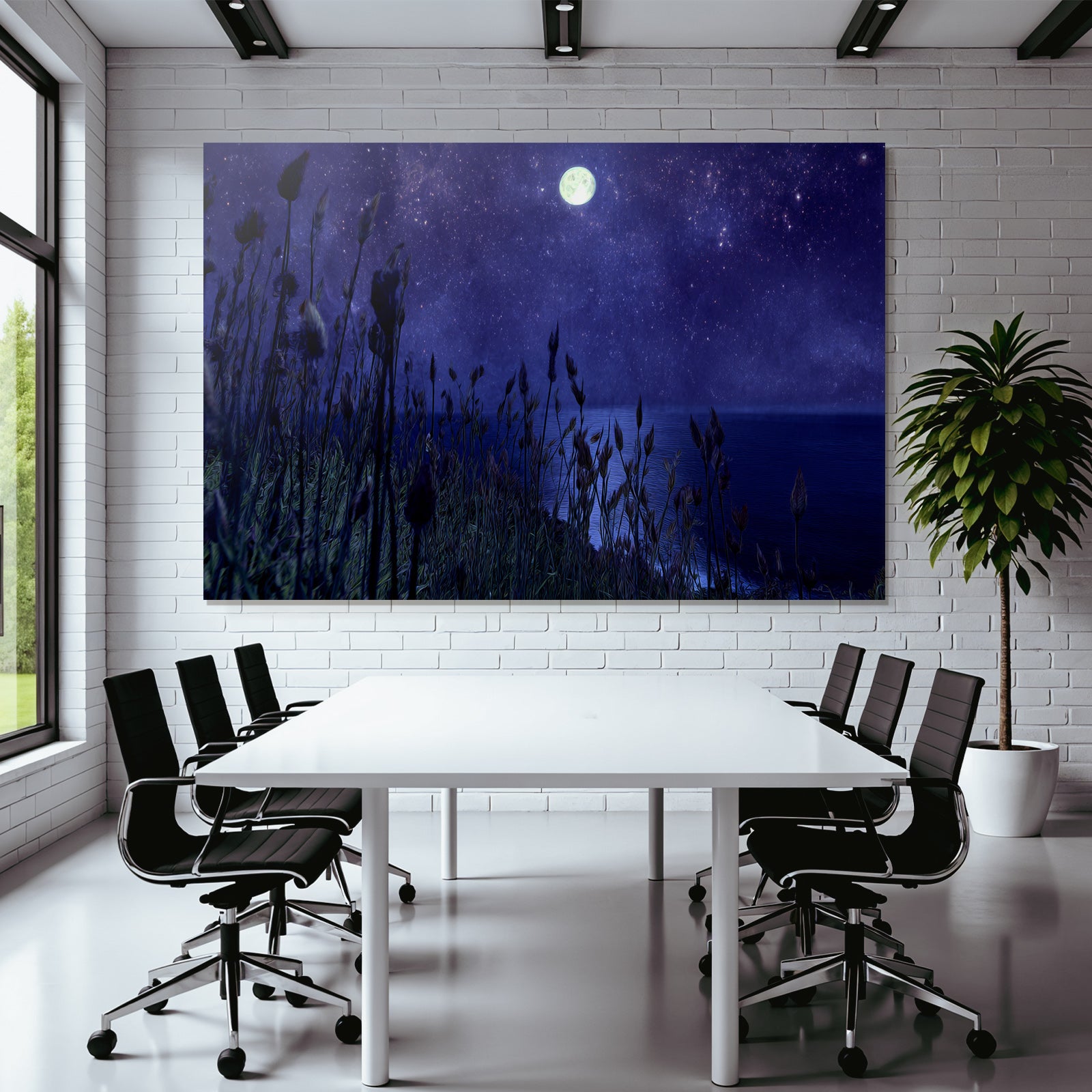 Mondlichtstimmung Mit Sternenklarem Himmel Und Gräsern Am Wasser
