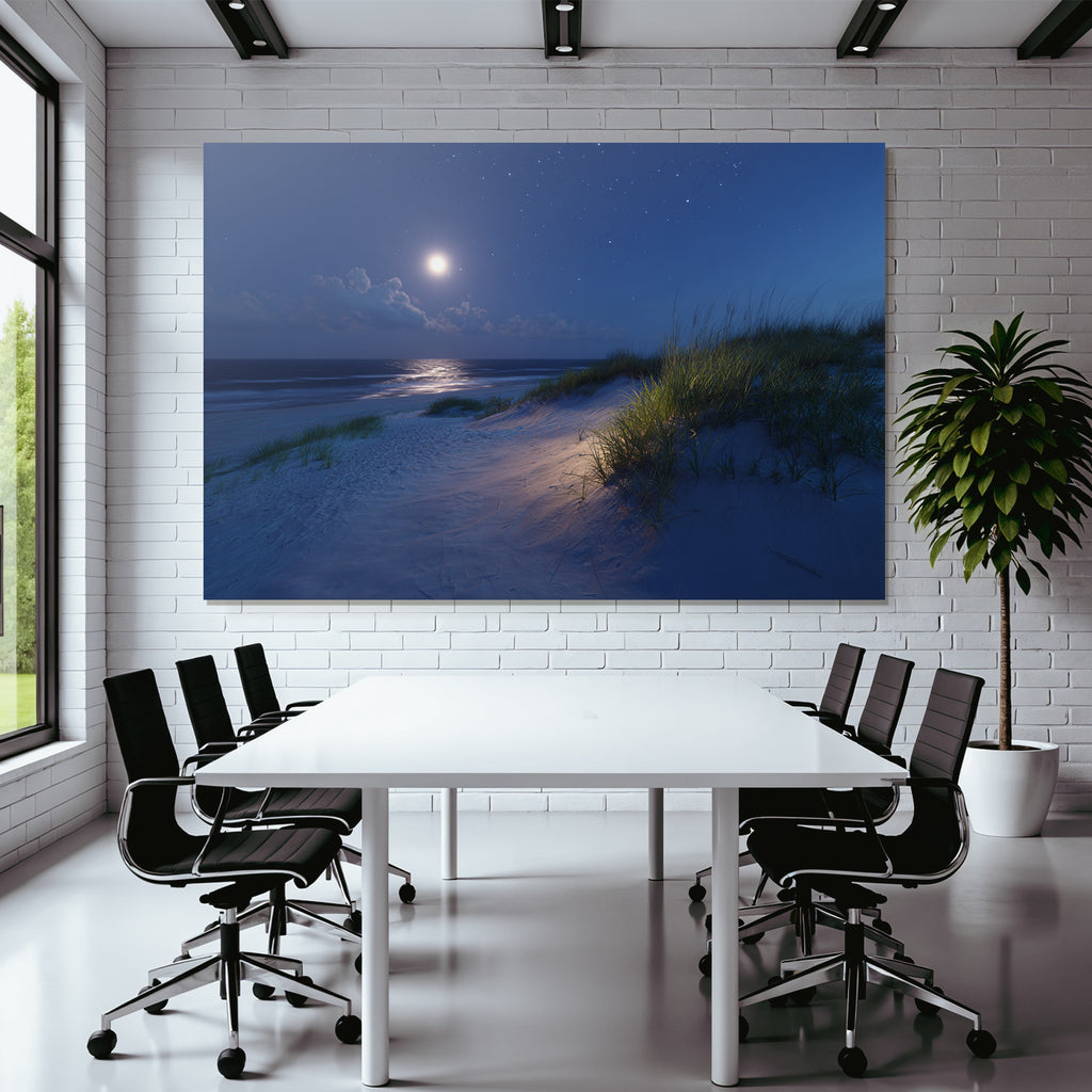 Mondnacht Am Strand Mit Sanften Dünen Gras Und Wellen