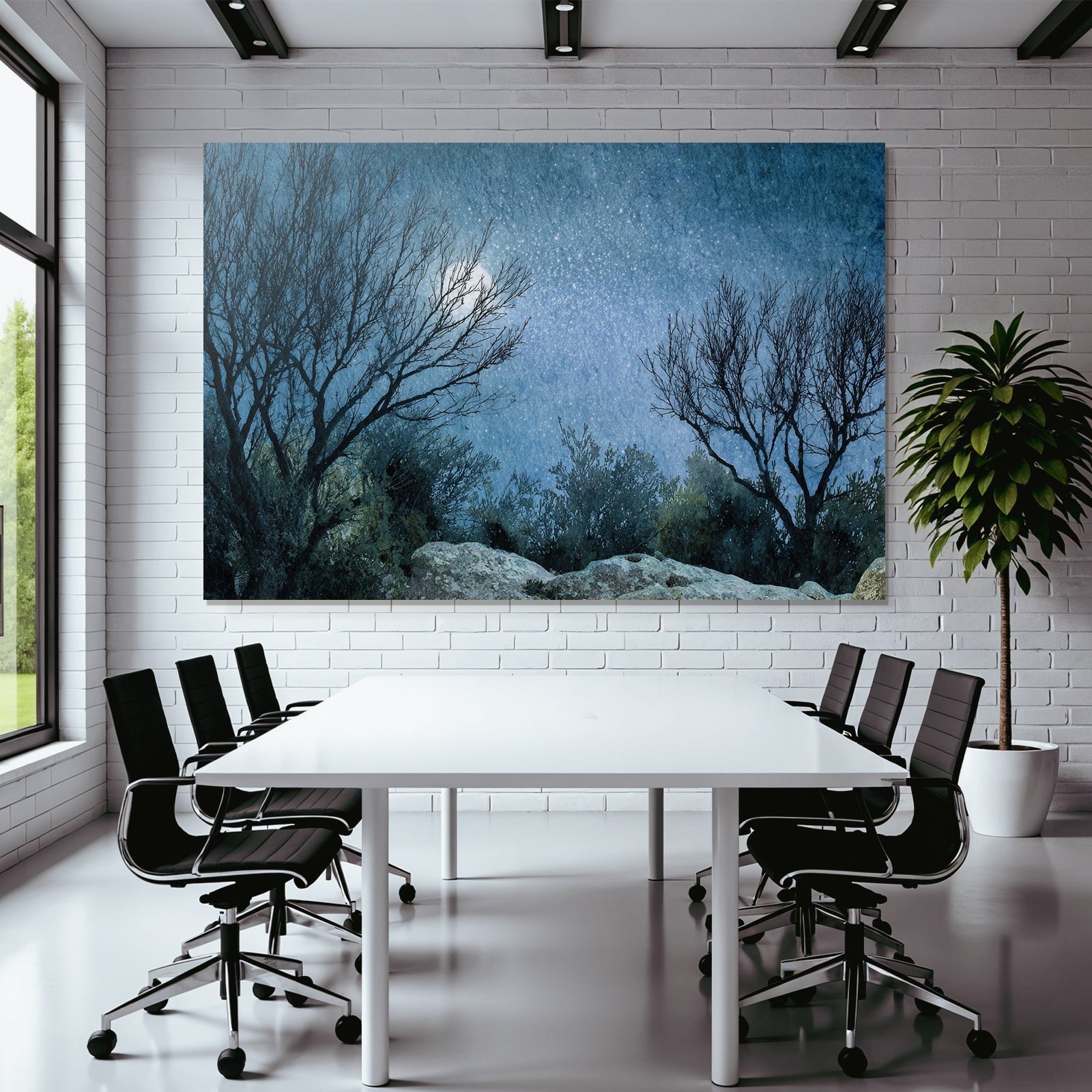 Mondnacht Karge Baumsilhoütten Sternenhimmel Aquarelleffekt