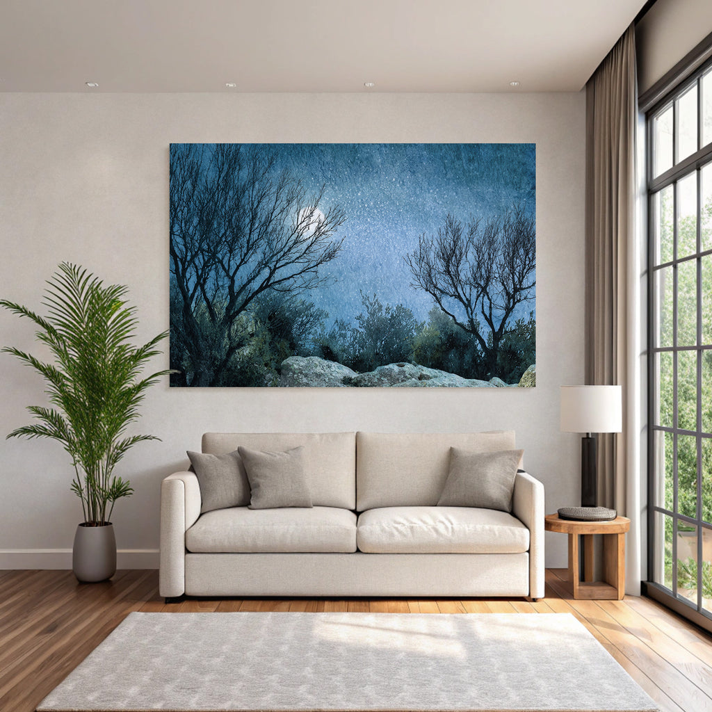 Mondnacht Karge Baumsilhoütten Sternenhimmel Aquarelleffekt