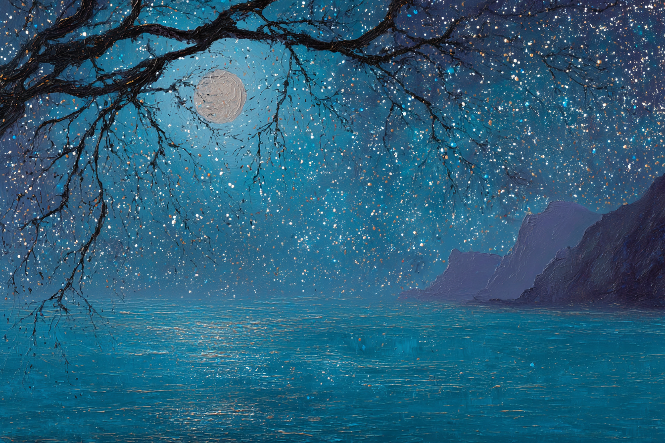 Mondschein Ruhiges Wasser Sternenklarer Himmel | Psychedelische Kunst | Stilrichtungen