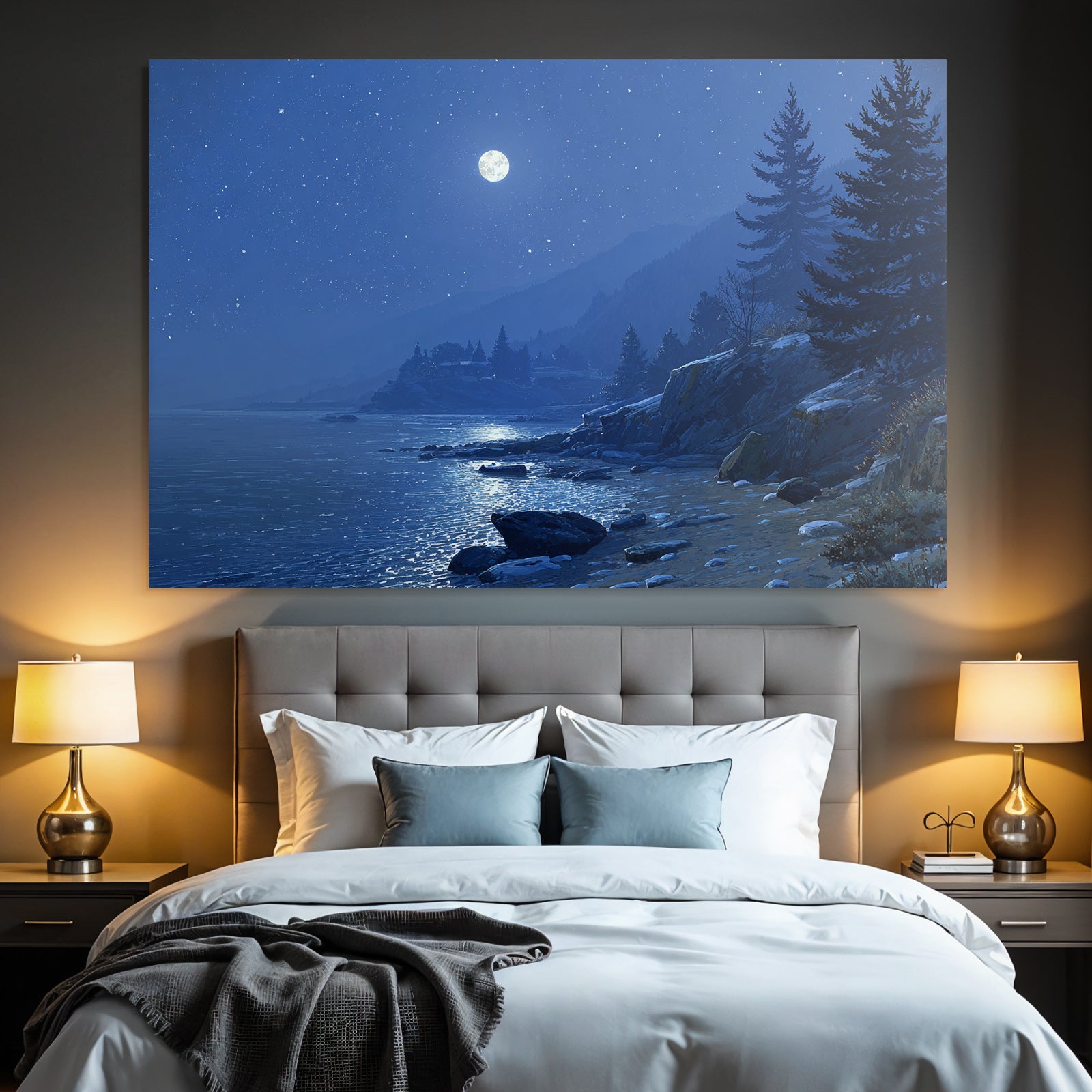 Mondscheinlandschaft Am See Mit Bergen Und Sternenhimmel